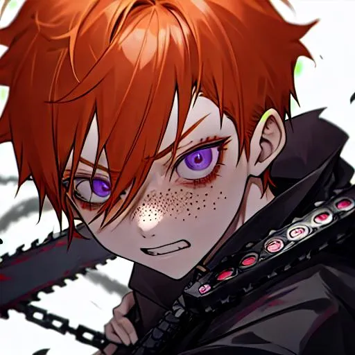 Prompt: Erikku male adult (short ginger hair, freckles, right eye blue left eye purple) UHD, 8K, Highly detailed, insane detail, best quality, high quality, sadistic, holding a chainsaw