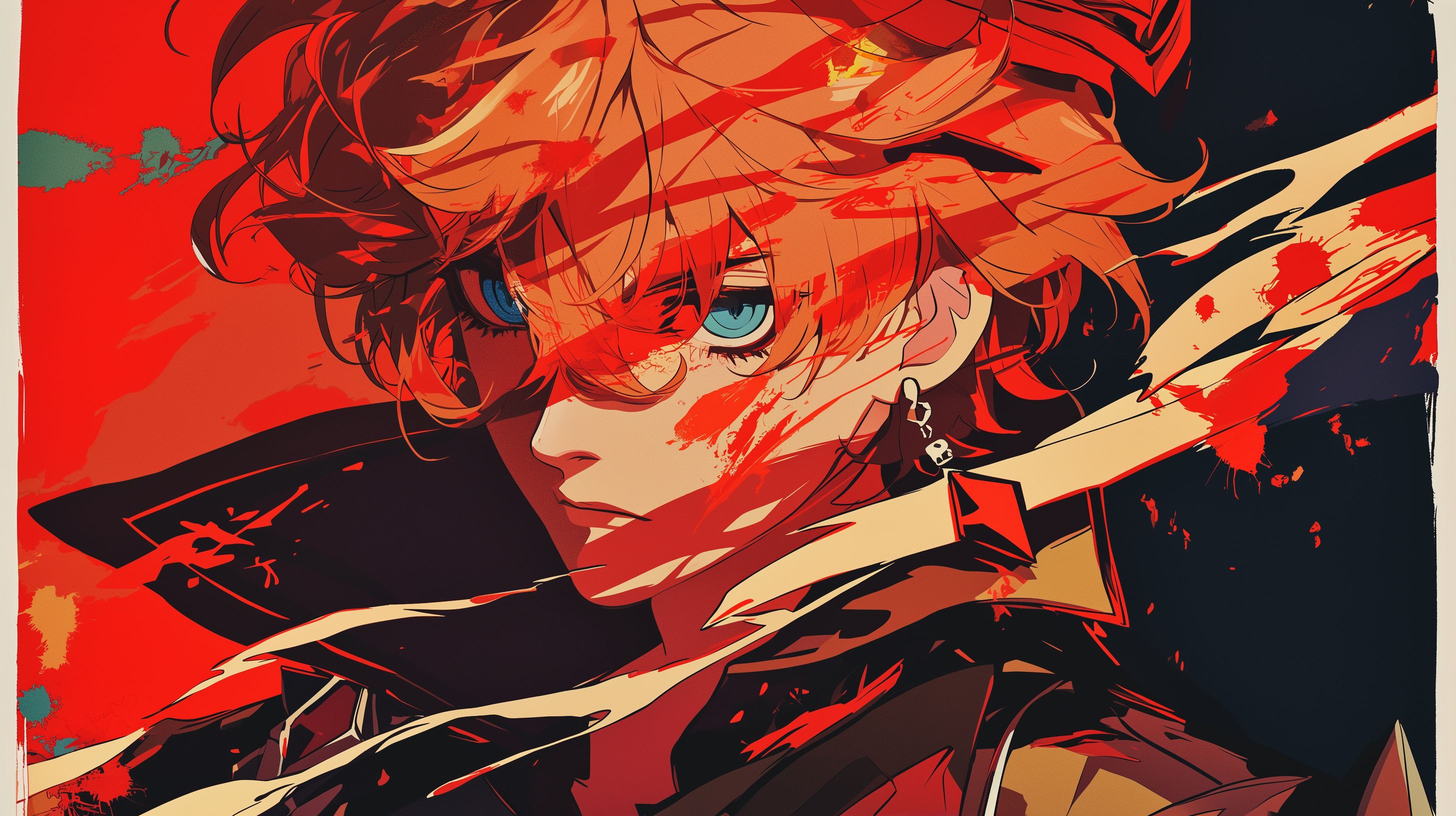 Prompt: Tartaglia from Genshin Impact, Persona 5 style, Short messy ginger hair with Ahoge that falls between the eyes, dark blue eyes, red diamond earing on right side, aged japanese vintage woodblock print style, water color brush strokes, vector, dynamic pose, thick white border, shades of red and black --ar 16:9 --niji 6 