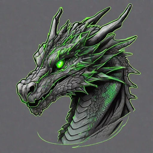 Prompt: Concept design of a dragon. Dragon head portrait. Coloring in the dragon is predominantly dark gray with subtle neon green streaks and details present.