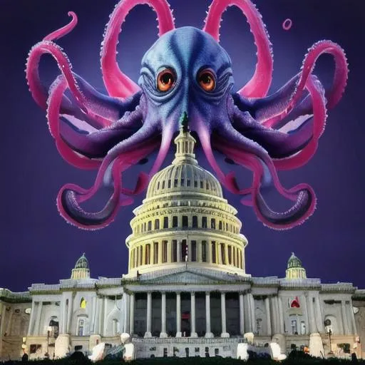 Prompt: Giant alien king squidapus with razor tentacles insurrecting the capital building on January 6th giant evil detailed tentacles eating monster Nancy pelosi