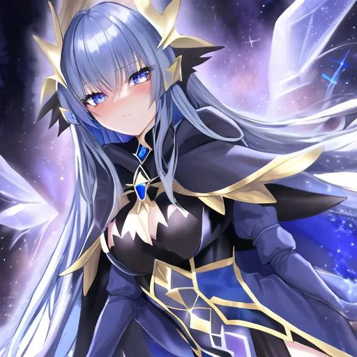 Prompt: Sapphire blue asassin cloak cloak, long galactic hair, gold eyes, blushing female, black wings, 8k,