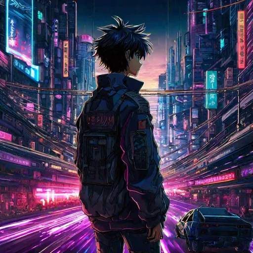 Prompt: anime cyberpunk on a open highway, highly detailed, HD, dark background, neo tokyo, hayao miyazaki