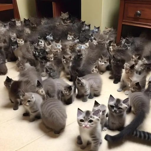 Prompt: Hundreds of kittens in one room all different breeds kind off fake