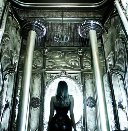 Prompt: Beautiful young girl bathing in a Scary, imposing bathroom , horror,designed by H. R. Giger , in the style of H. R. Giger, pipes, steam,tentacles ,cyberorganic nightmare, bones