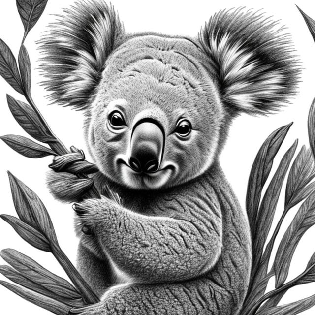 A detailed pencil drawing of a happy koala on a forest