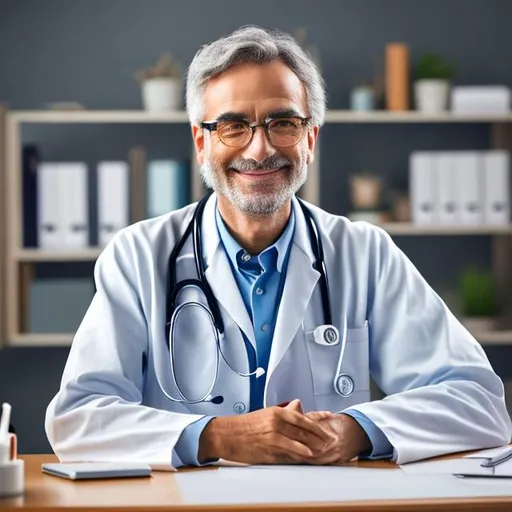 Prompt: Generate an image of a friendly doctor in his 40s, sitting at his desk in his consulting room. He is facing the camera with a smile, wearing a stethoscope around his neck and a doctor's coat. The lighting is solid and the image ratio is 2:3. medium shot, smiling face expression, closed mouth, mimimal head size within the image 200 X 200 pixels, good ans solide lighting, size up to 10 MB, , no face occlusions.