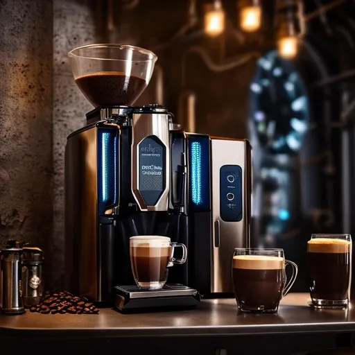 Prompt: futuristic coffee machine design, steampunk, raw photo, cinematic colors, cinematic lighting, night photography, photorealistic, highly detailed, UHD, HDR, 64K
