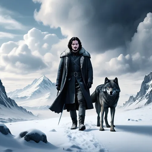 Prompt: a John Snow with his wolf Ghost, snow background landscape, snowy clouds,8K,realistic,