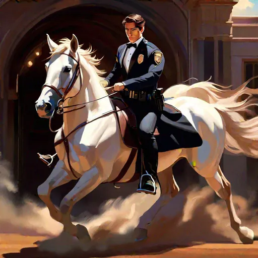 Prompt: Caleb  as a police officer (brown hair) (brown eyes) wearing a tuxedo, full body, riding a demon horse, pulling back on the reins making the horse rear up, two large doors behind him