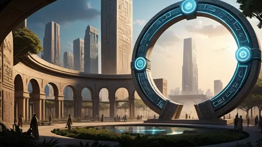 Prompt: magical portal between cities realms worlds kingdoms, circular portal, ring standing on edge, upright ring, freestanding ring, hieroglyphs on ring, complete ring, ancient babylonian architecture, gardens, large wide-open city plaza, turned sideways view, futuristic cyberpunk tech-noir setting