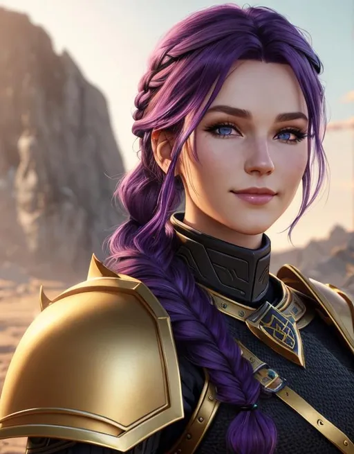 Prompt: Digital art, vibrant colors, subtle smile, 20-year-old woman viking, dark purple hair, one braid, light blue eyes, cut over left eye to on cheek bone, black gear, gold armor, unreal engine 8k octane, 3d lighting, full body, full armor