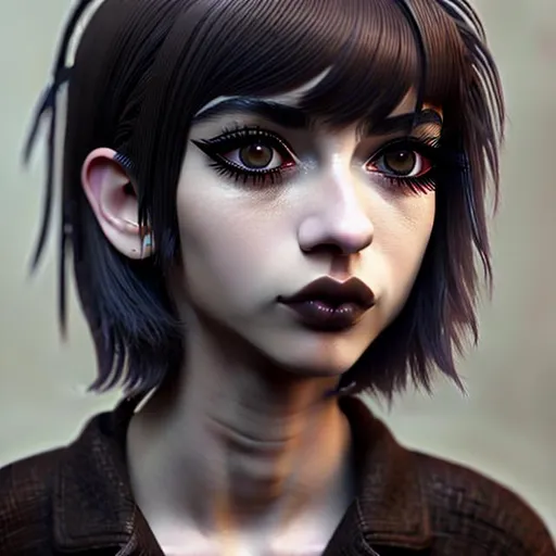 Prompt: Alternative woman, thin body, beautiful eyelashes, brown eyes, filled eyeliner, smooth skin, tiny nose, cute face, mullet hairstyle, hair bangs, dark black hair, septum nose piercing, hyperrealistic, real life portrait