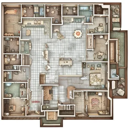 Prompt: A floor plan of a house, with the style of the tiles in the board game Mansions of Madness, in color, with drawn details of the contents of each room, and a lovecraftesque ambient.
