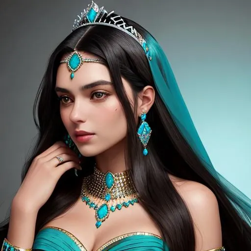 Prompt: Woman with long dark hair, wearing a turquoise studded tiara and jewelry