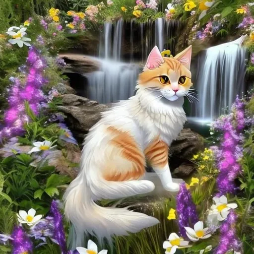 Prompt: Golden tuxedo tabby cat with white dipped paws with large pearl white angel wings sitting in wild flowers next to waterfall 