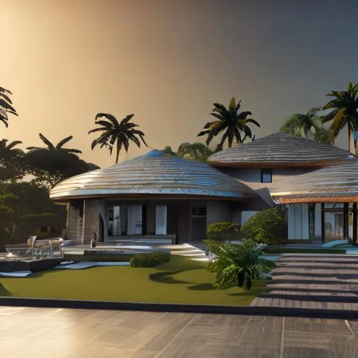 Prompt: modern design of beautiful detailed  2 story family house with a diamond and copper roof and intricate and artistic congolese minerals details with elements of precolonial Congolese inspiration inmodern kinshasa, volumetric natural light wakanda style, cinematic light, ultra realistic, vray, far view, perspective landscape