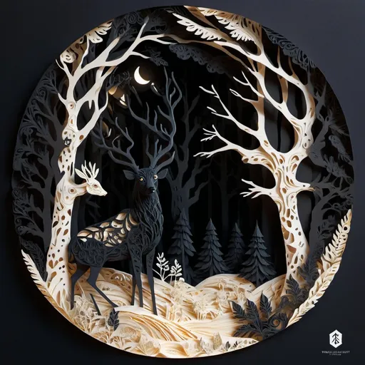 Prompt: Creator show me the guide, deep black and bone color palette, paper-cut style, intricate details, high quality, surreal, papercraft, flat design, surreal forest, intricate details, highres, ultra-detailed, professional