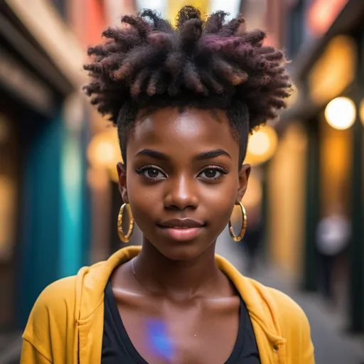 Prompt: (beautiful 18-year-old young black woman), vibrant atmosphere, full body, dark chocolate skin, short bleached hair, striking eyes, lush colors, high depth, ultra-detailed, captivating and imaginative composition.