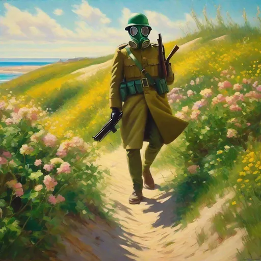 Prompt: On a hill, near a sandy beach. blooming spring, fresh vegetation, sunshine. soldier wearing a gas mask, trench coat, rifle slung over his left shoulder. surrealism.