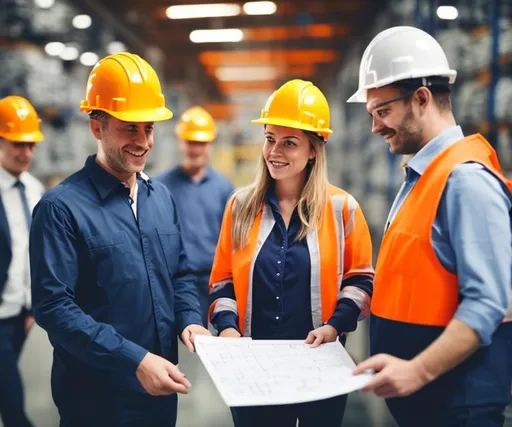 Prompt: Make a picture of professional  people who are discussing a Planning together. One of them wears a safety helmet. They are in an indoor supply chain environment. Main colors are navy blue and orange. 

