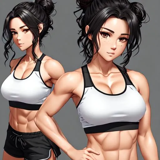 Prompt: extremely realistic, hyperdetailed, black wavy hair in a messy bun anime tomboy, face full of freckles, wears cropped top, wears dolphins shorts, toned body, showing abs midriff, highly detailed face, highly detailed eyes, highly detailed body, full body, whole body visible, full character visible, soft lighting, high definition, ultra realistic, 2D drawing, 8K, digital art