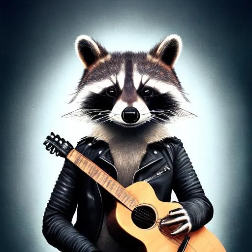 Prompt: a raccoon in a leather jacket playing a guitar, inspired by Joseph Badger, trending on deviantart, rankin, realistic metal, made with photoshop, rocket, lori earley, ryan glitter concept artist