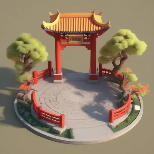 Prompt: Low poly isometric Chinese circular Gate garden
scene 3d render 