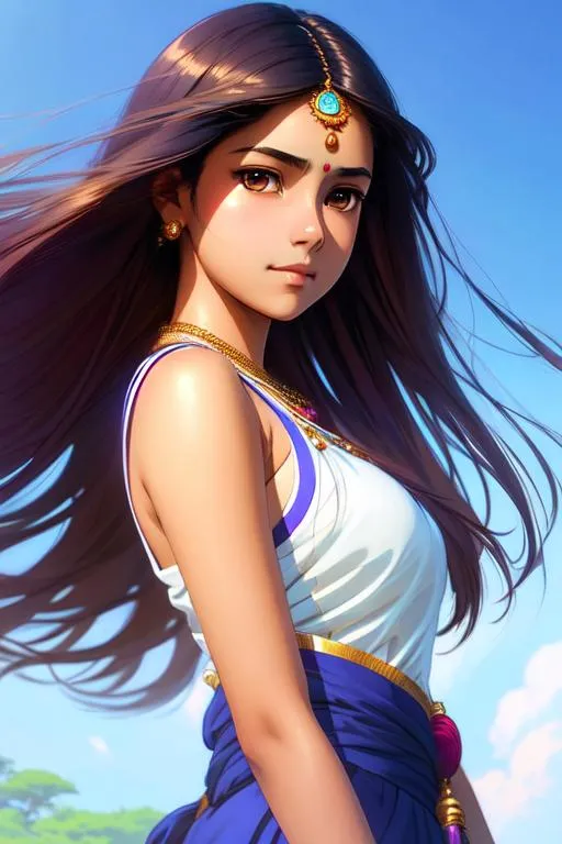 Prompt: Closeup face portrait of a 15 year old Indian female, wide angle shot, full body,smooth soft skin, big dreamy eyes, beautiful intricate colored hair, symmetrical, anime wide eyes, soft lighting, detailed face, by makoto shinkai, stanley artgerm lau, wlop, rossdraws, concept art, looking into camera