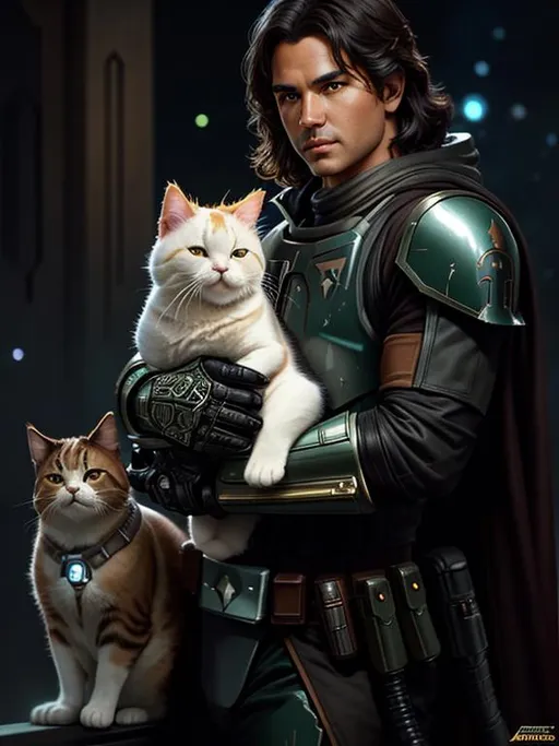 Prompt: boba fett holding a fat cat in his arms, star wars, beautiful glowing lights, sci - fi, stunning, intricate, elegant. highly detailed, digital painting. artstation. smooth. sharp focus. illustration. art by artgerm and greg rutkowski and alphonse mucha