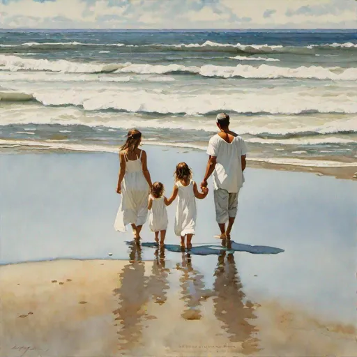Prompt: "Family Bonding on the Ocean Shore" - Illustrate a young family with two small children walking along the sandy beach during low tide. They should wear bright white summer dresses and radiate feelings of togetherness, love, joy, trust, and playfulness. Aim for an emotionally realistic representation inspired by Steve Hanks' hipper realistic watercolor style known for its intricate details.