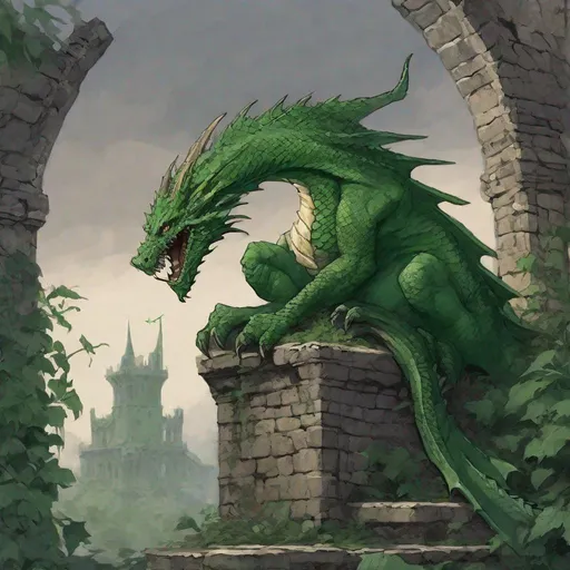 Prompt: Art of Venomfang the green dragon from D&D waiting patiently within an overgrown ruined tower