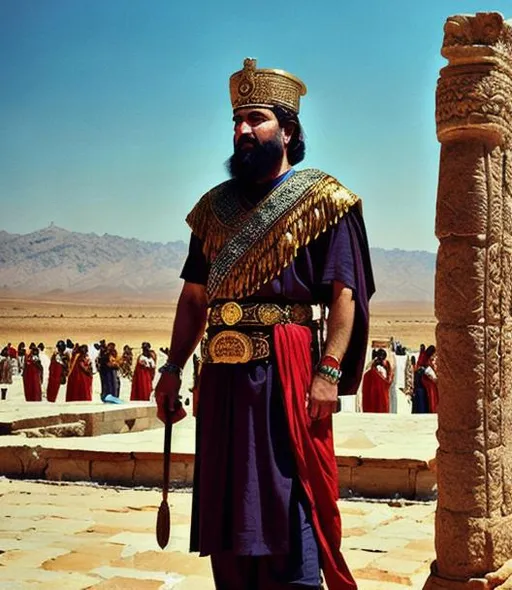 Prompt: Achaemenid king, Cyrus the Great, Perspolis in background.