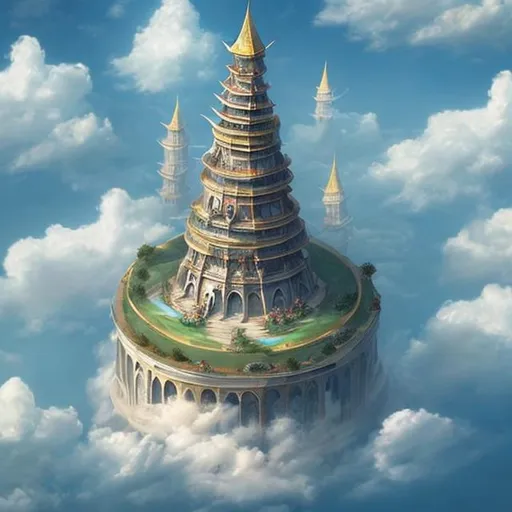Prompt: floating circular tower on a cloud with a pointy roof. fantasy world