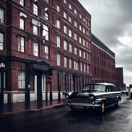 Prompt: 1960s black cars tall window brick buildings  cloudy sky rainy weather tall window brick buildings high quality 4k realistic