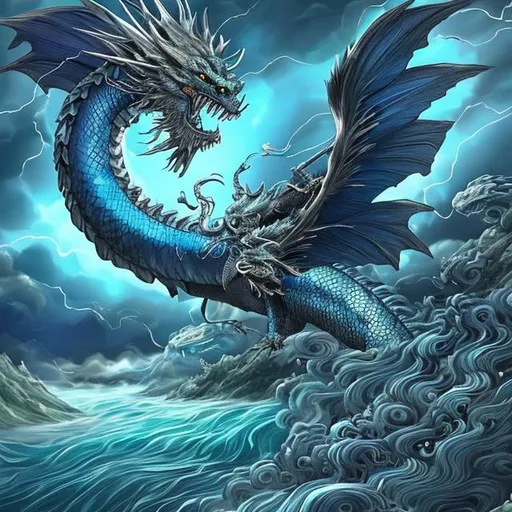 Prompt: We see the green and blue dragon landed next to the quickly flowing river surrounded by trees, stretched his beautiful blue wings swirled with gleaming silver, sunlight reflecting from the metallic wing scales. The dragon catches a fish in the river with his talons. The sky is a dark storm of black and grey clouds and lightning flashes, allowing us to see faint forms of more dragons in flight in the distance, visible only because lightning illuminates their metallic wings. This is a magical place where magic infuses every tree, rock, and creature. Does the dragon have a name, the knight wonders. Landscape, Hyperrealistic, 8k