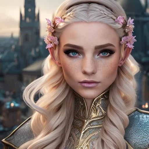 Prompt: hyper-realistic, 8k Ultra-realistic female elf, light blonde hair, realistic female model, Divine Cleric, dungeons and dragons cleric class, green eyes, light tan, real long hair, braids in hair, light freckles on cheeks, natural makeup, leather armour, revealing armour, elven city in the background, divine magic, beautiful face, angelic magic, wings, flowers in hair, silver in hair, gold in hair, elven female, fantasy, elf ears, natural appearance, magic in hands, natural skin, healthy skin, 8K resolution, UHD, Ultra realistic, natural lighting, cinema lighting, super fine detail, high quality, fine-tune, hair jewellery, realistic, ultra-high resolution, composition, focused, in the frame, magic in hands, upscale.
