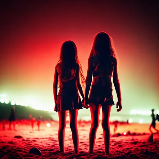 Prompt: On the beach during summer.
There is a moon eclipse on the back and red lights behind the moon.
A couple of girl holds her hands.
The camera watch the girls from behind. The girls are covered by blood and one of them has a blade.
A lot of zombies running towards the girl but we can see only the shape of the zombies.
The girls are in the foreground and the zombies are in the background.
The girls are not zombies.
Girls do not look at the camera.
The color are warm but the sky is dark and cold.
