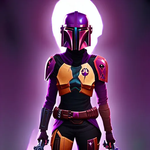 Prompt: a full portrait of a female mandalorian in dark purple armor with a hood with symbols on the armor, holding a blaster rifle, looking infront and with a background of a dark cave and a backlight