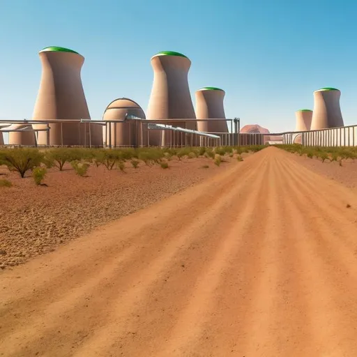 Prompt: Desert farming with frenal lenses, parabolic trough, green power water aqueduct, double pot cooling towers, sunny, arid landscape, sustainable agriculture, futuristic technology, highres, detailed, professional, sunny, arid landscape, futuristic technology, sustainability, climate control, bright and sunny, professional, detailed