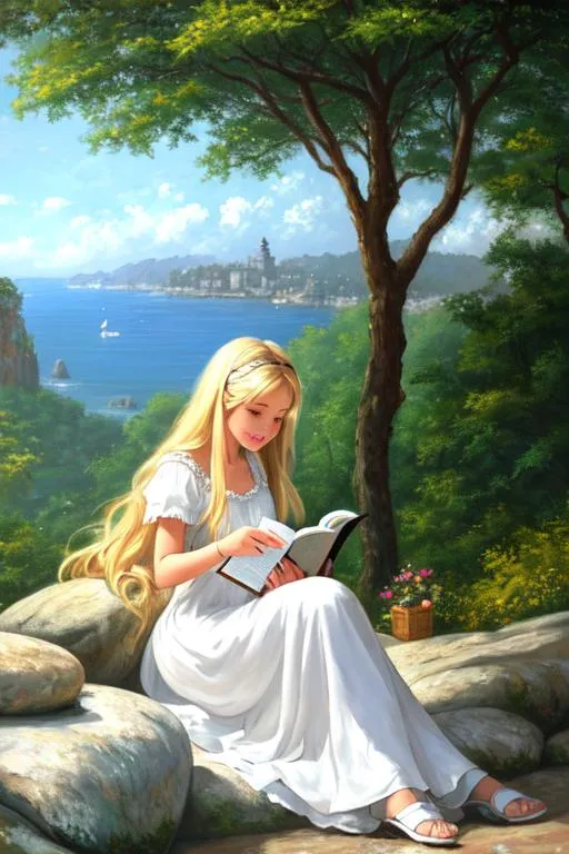 Prompt: 
Happy girl reading the book she is holding.  She has long blonde hair.  dressed in white dress.  He is sitting under the tree at the foot of the rocks, next to him is a large white umbrella.  There is a large mansion in the distance around it.  Highly detailed,4k
full character, oil painting, high quality, hd, UHD, very detailed, 
 masterpiece, high quality, Digital 