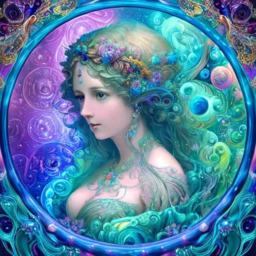 Prompt: Edwardian goddess of amazing dreams, fractals, bubbles, planets, floating waterfalls, color, flowers, ornate, intricate, flowing, neon, led