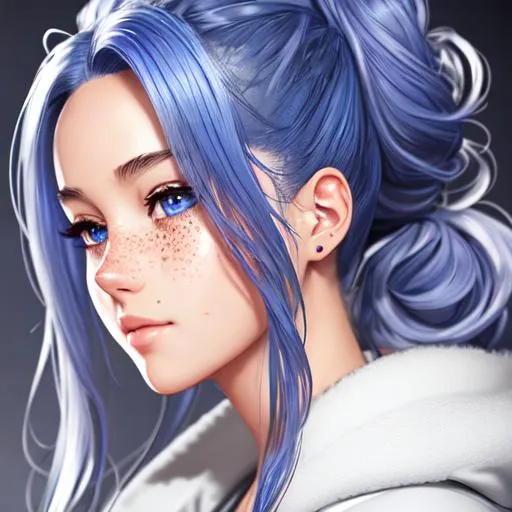 Prompt: extremely realistic, hyperdetailed, blue wavy hair in a messy bun anime girl, face full of freckles, mechanics, highly detailed face, highly detailed eyes, highly detailed body, full body, whole body visible, full character visible, soft lighting, high definition, ultra realistic, 2D drawing, 8K, digital art