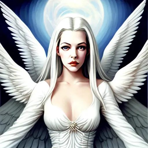 Prompt: Illustration of an Angel girl, with Liv Tyler’s face, white dress, white hair, with wings, by Tim Burton