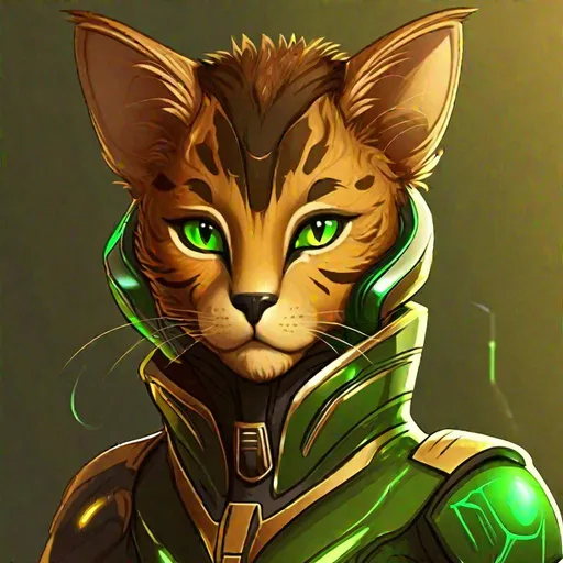 Prompt:  A young alien of a feline race. Vaguely humanoid. He has shot brown fur and a golden brown skin. He wears a scifi suit and has green eyes. Detailed, well draw face, Smooth skin. 2d art. 2d