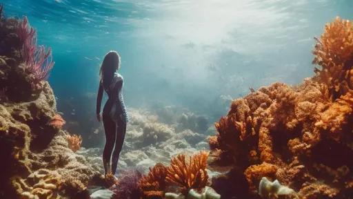 Prompt: woman in a dark cave underwater, in a shiny wetsuit, Beautifully frozen under water, Dark space, underwater, underwater temple underwater pyramid, temple in a cave underwater.