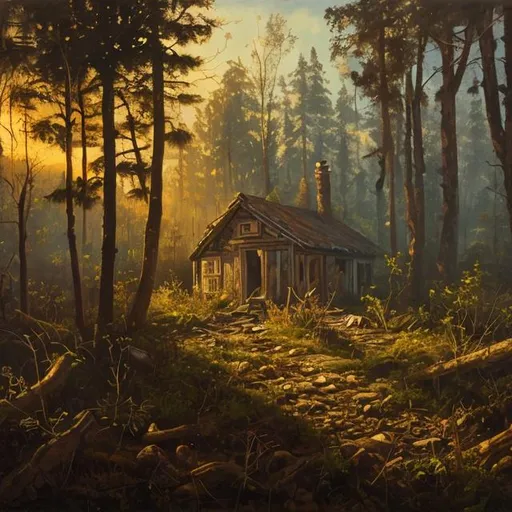 Prompt: oil painting of John the Wayfarer on the edge of a small clearing with an abandoned cottage in the middle, post-apocalyptic, dark colors, midday, forest, sun rays