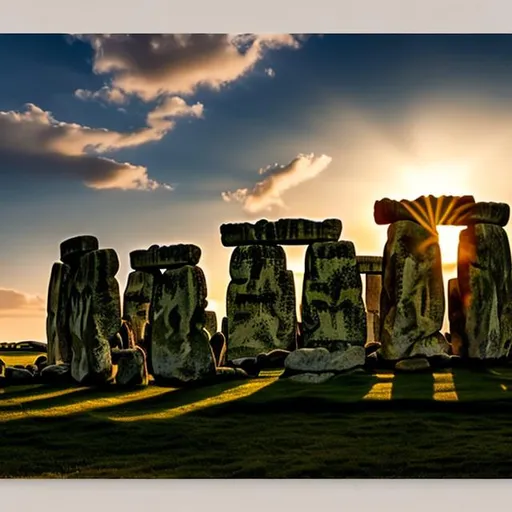 Prompt: Stonehenge, sun rays shining through, halo, Summer solstice.  
