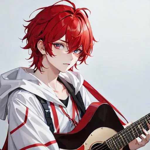 Prompt: Zerif 1boy (Red side-swept hair covering his right eye) playing a guitar UHD, 8K, highly detailed