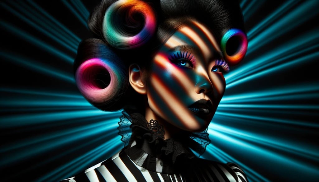 Prompt: high quality photo of a woman of Asian descent resembling a zebra, with colorful stripes contrasting against a black and white face, illuminated by dramatic lighting, showcasing a futuristic Victorian aura with bold shadows.