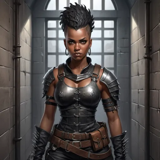 Prompt: Full body, Fantasy illustration of a black female mercenary, 27 years old, beautiful, black skin, mohawk hairstyle, leather armor, grim expression, high quality, rpg-fantasy, detailed, in a prison cell